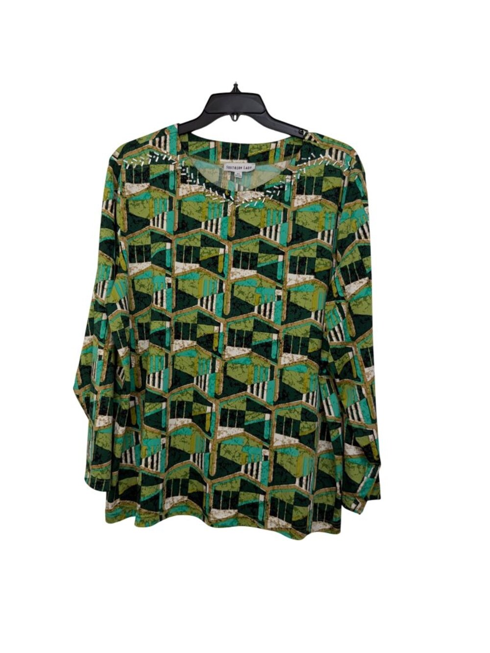 Southern Lady 3X Green Geometric Print Top W/Rhinestones Neckline Long Sleeves